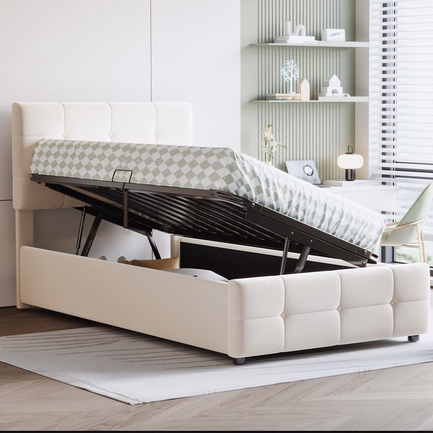 Letto imbottito Abrihome per bambini 90x200 cm con contenitore, letto contenitore idraulico, tessuto velluto, beige
