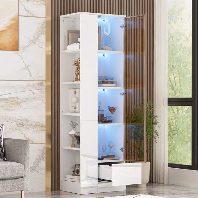 Vetrina con porta in vetro e illuminazione LED, mobile lucido con cassetti e ripiani aperti, ampio spazio contenitivo per soggiorno e sala da pranzo, bianco, 50x35x160 cm