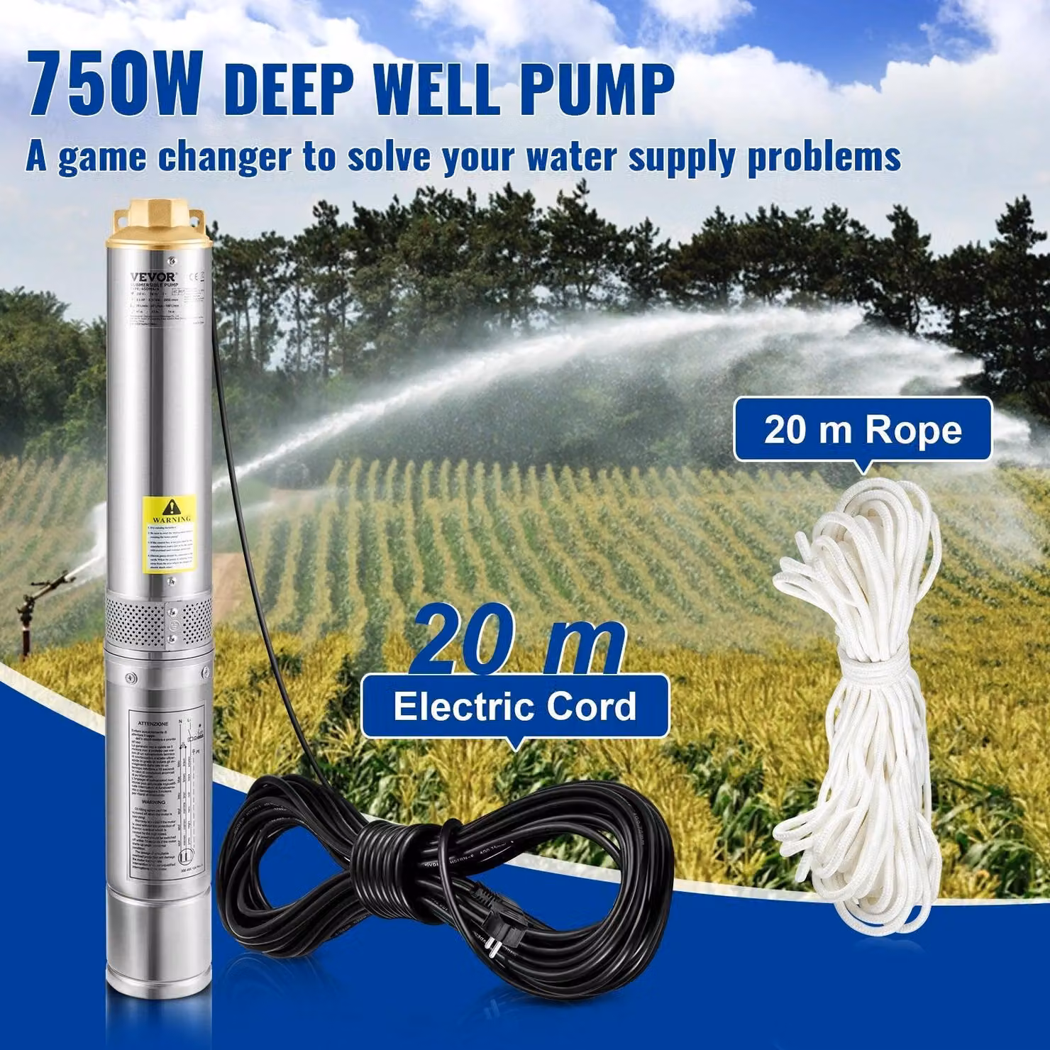 Pompa sommergibile per pozzi profondi - 750W - 230V - 50Hz - acciaio inossidabile