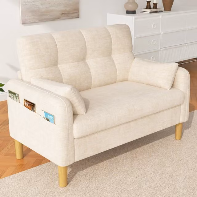 Divano 2 posti beige in ciniglia; 119 x 78 x 85 cm; 2 cuscini e tasca laterale
