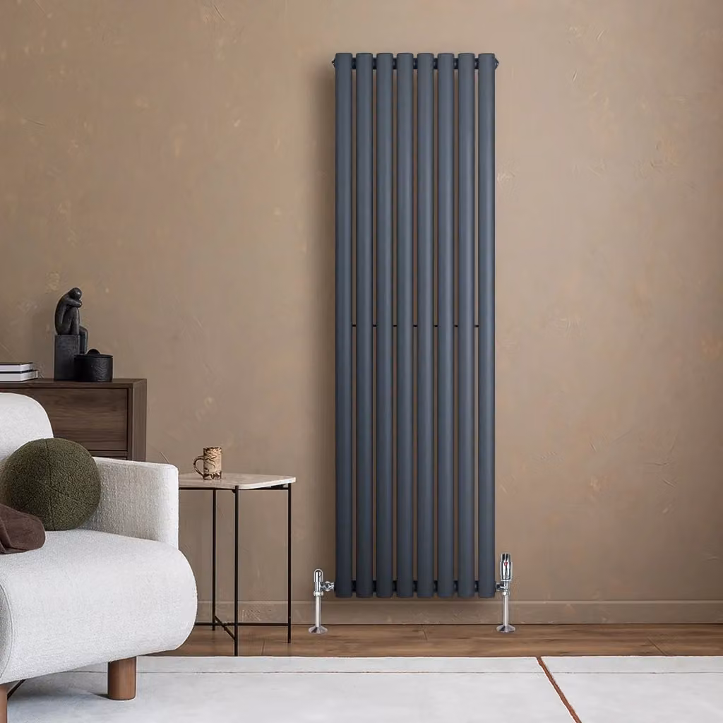Radiatore Verticale Ovale Monstershop in Acciaio Grigio Antracite con Valvole Termostatiche H: 160 cm, L: 48 cm – 2