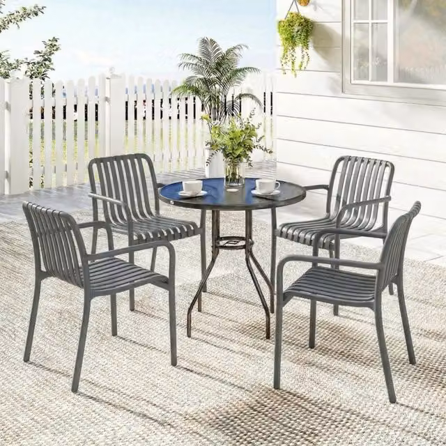 Set di 4 sedie da giardino impilabili con design a lamelle e braccioli, colore grigio scuro, ergonomiche