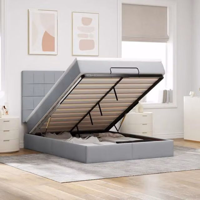 Letto moderno vidaXL con contenitore a sollevamento, materasso a molle e illuminazione sottostante, colori grigio e bianco, L/P/H: 200 x 140 x 128 cm