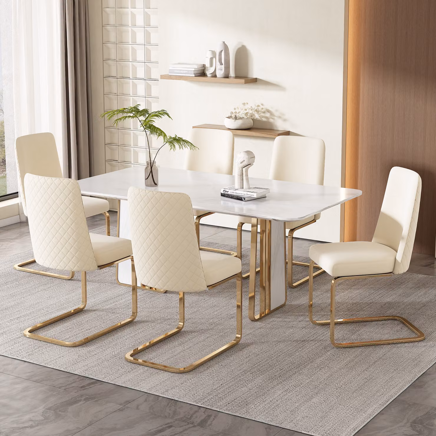Set di 6 sedie a sbalzo Flieks, sedie per sala da pranzo con gambe in metallo dorato, sedie imbottite con rivestimento in velluto, sedie da cucina sedie da soggiorno, beige