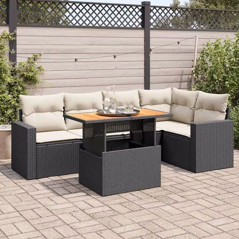 Set Divano da Giardino vidaXL 6 pz a Forma a L con Tavolino e Cuscini, Polyrattan e Acciaio Nero