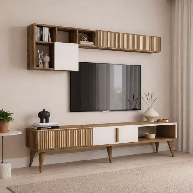Parete Attrezzata Moderno DMORA per Soggiorno con Lowboard e Pensile, Marrone, Finitura Opaca