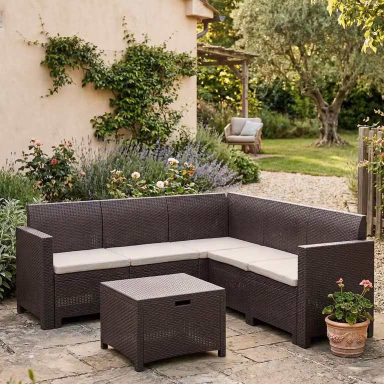Dmora set Salotto da Esterno Somnus Marrone, 5 Posti Antiurto, Waterproof, Resina, Lavabile  Italy
