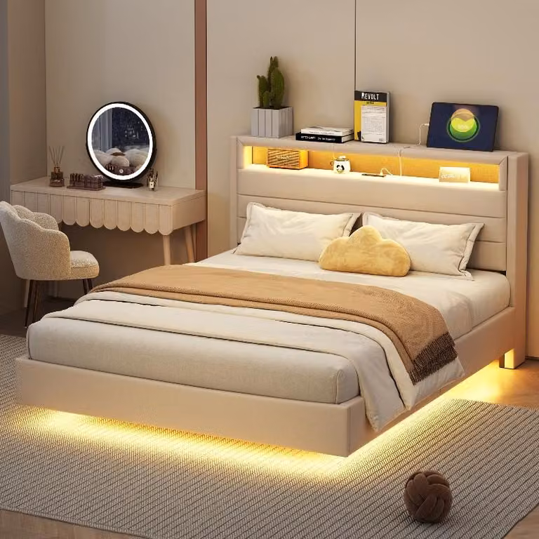 Letto imbottito 140x200 cm con presa USB e illuminazione LED, testiera reversibile con spazio contenitore, pediera nascosta, rivestito in lino color beige