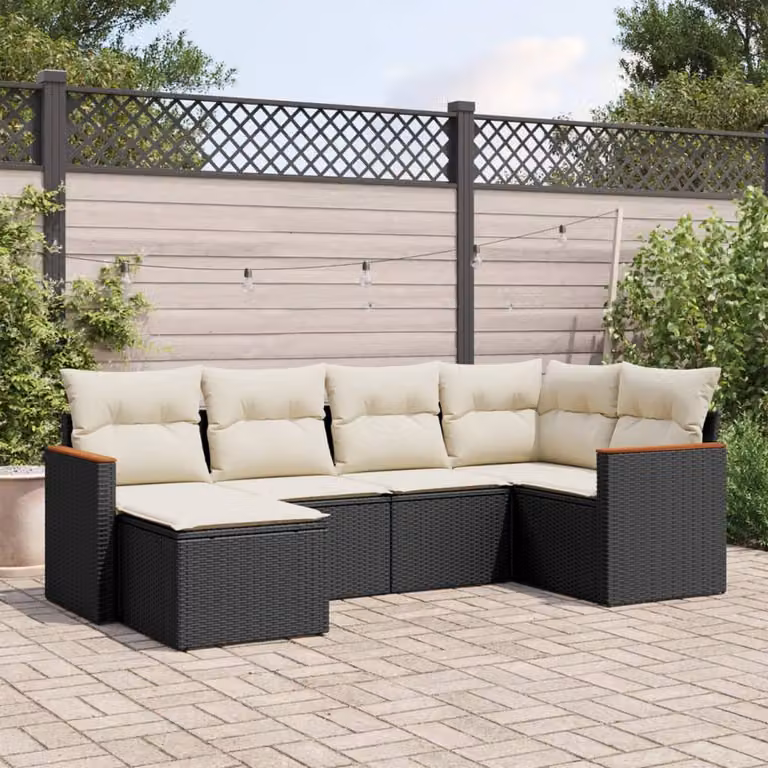 vidaXL Set Divano da Giardino a L in Polyrattan Nero con 6 Cuscini Imbottiti e Coperture Rimovibili