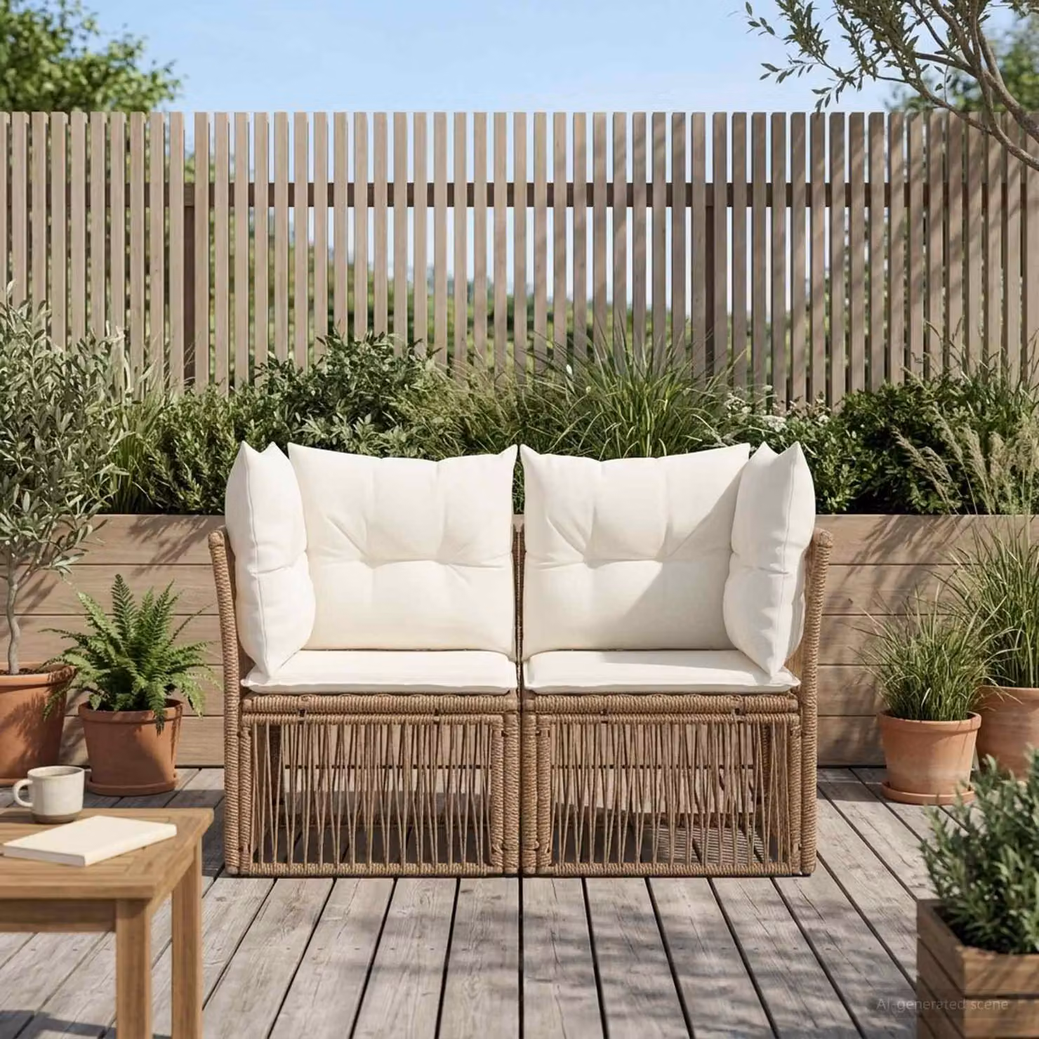 Divano da giardino a 2 posti vidaXL in polyrattan beige con cuscini inclusi