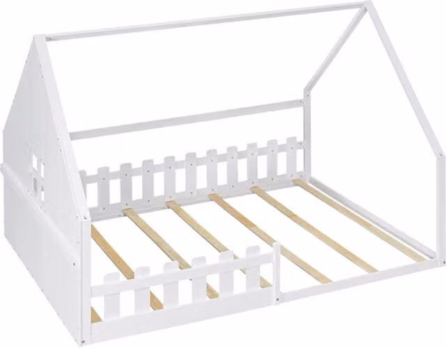 Letto per bambini 140x200 cm in legno di pino bianco con design a casetta e protezioni