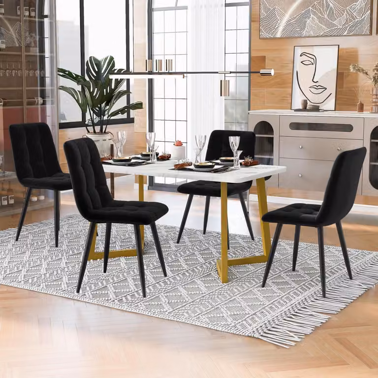 Tavolo da pranzo con 4 sedie, set da 117x68x75 cm, forma rettangolare, colore nero, rivestimento in velluto, finitura effetto marmo dorato