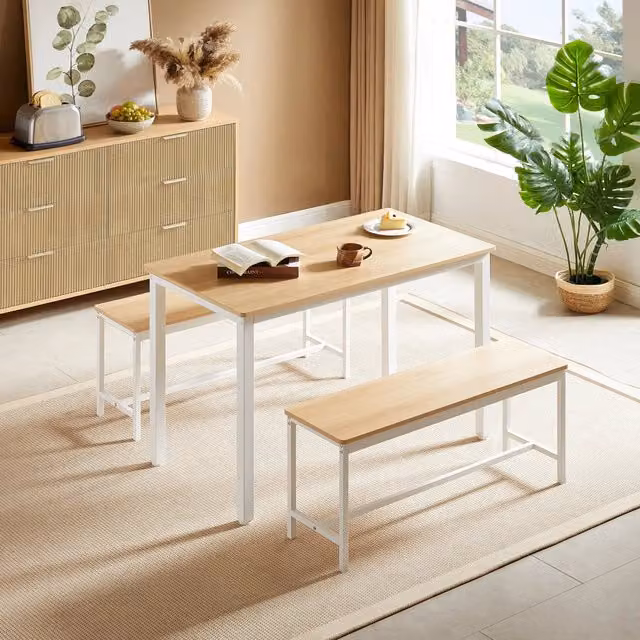 Set tavolo cucina e sedie con 1 tavolo e 2 panche salvaspazio in pannello truciolare e acciaio naturale e bianco