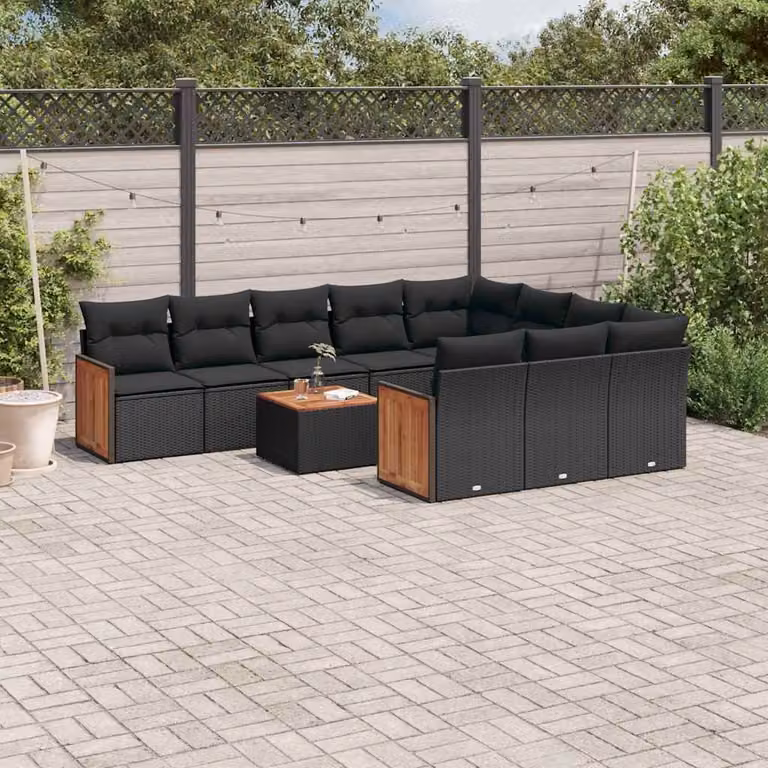 vidaXL Set Divani da Giardino 11 pz in Polyrattan Nero con Cuscini e Tavolino da Esterno a Forma di L