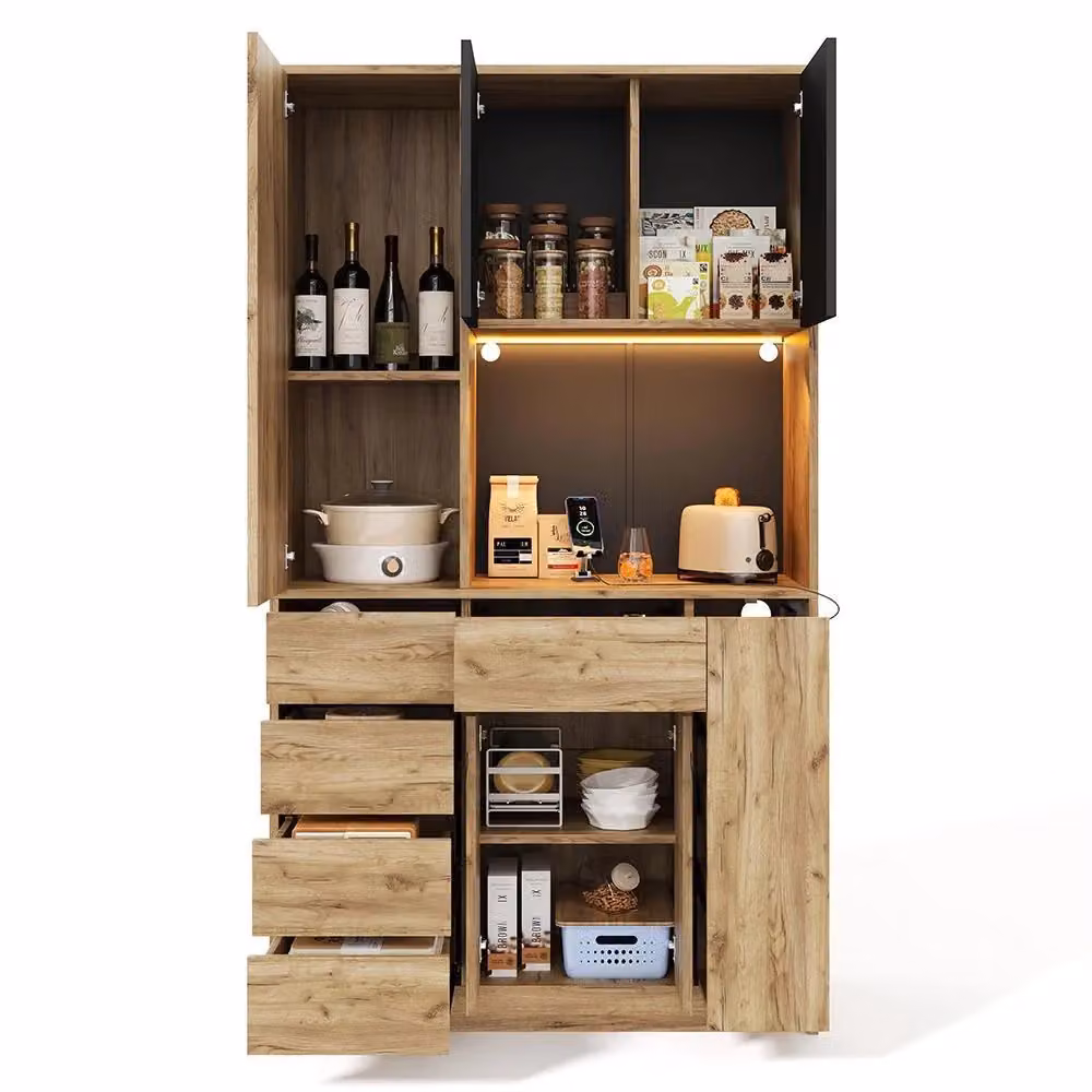 Armadio da cucina alto Xylo con illuminazione integrata e portabottiglie, disponibile in nero o marrone, H 185 x L 105 x P 40 cm – 2
