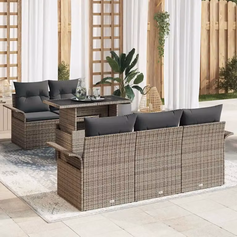 Set Divano da Giardino vidaXL 6 Pezzi a Forma di L Grigio con Cuscini e Tavolino in Vetro