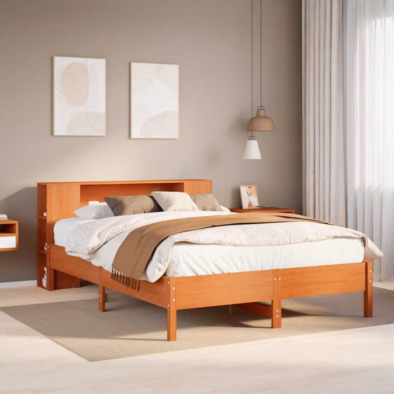 Letto Libreria vidaXL in Pino Massiccio Marrone Cera con Ripiani Laterali L/P/H: 190 x 140 x 82 cm