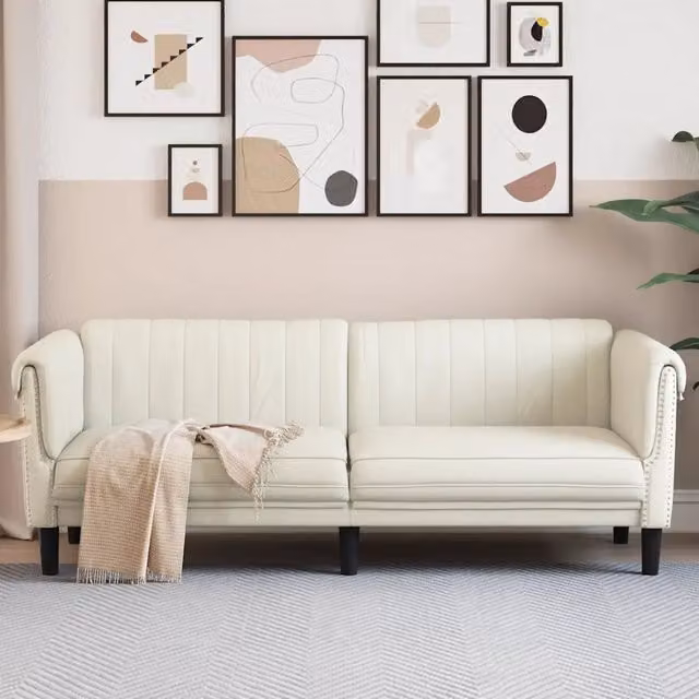Divano a 3 posti moderno VIDAXL in velluto beige e bianco con struttura in legno massello L: 203 cm, P: 77 cm, H: 74 cm – 1