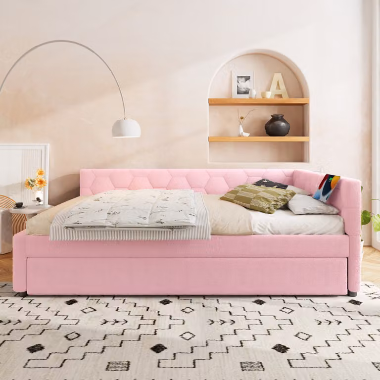 okwish daybed 140x200, divano letto con rete a doghe, daybed con letto estraibile e lampada da comodino, letto per ragazzi con connessione USB e tipo C, senza materasso, rosa