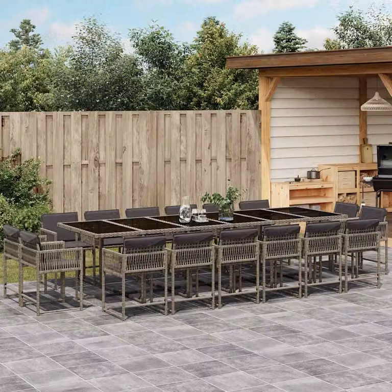 Set da Pranzo da Giardino vidaXL 17pz in Polyrattan con Cuscini e Piano in Vetro Grigio e Nero