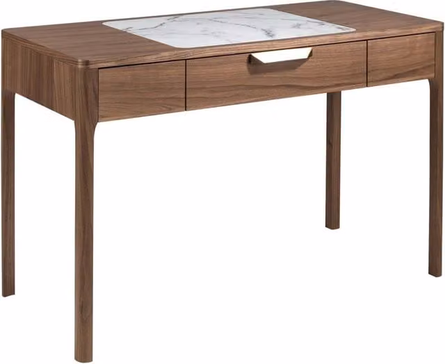 Comodino in noce con piano in vetro effetto marmo bianco e grigio lucido