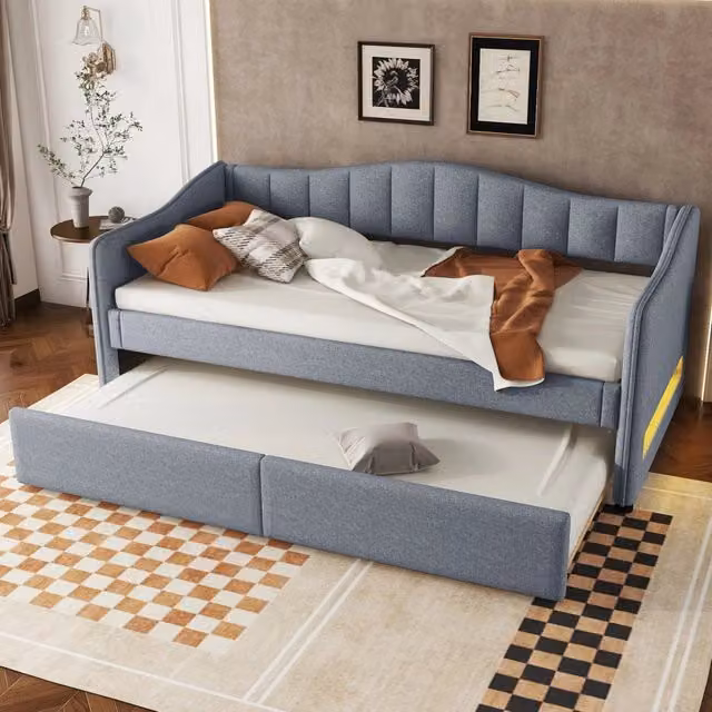 Letto divano singolo 90 × 200 cm con letto estraibile, luce a LED regolabile, senza materasso, lino grigio