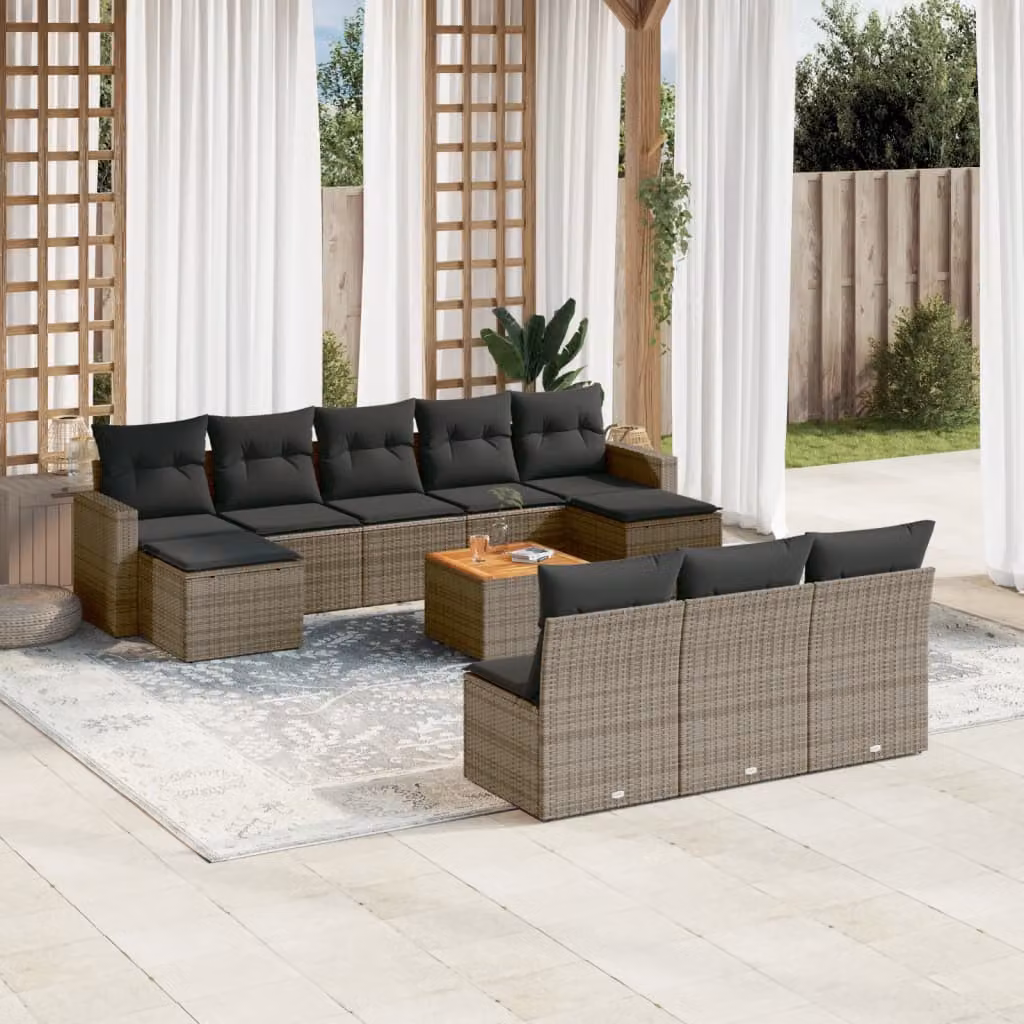 Set di divani da giardino vidaXL 11 pezzi in polyrattan grigio con cuscini e tavolino da esterno – 1