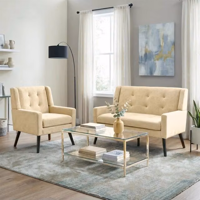 Set di poltrone 2 pezzi con cuscini in schiuma ad alta densità, tessuto resistente e gambe in legno beige