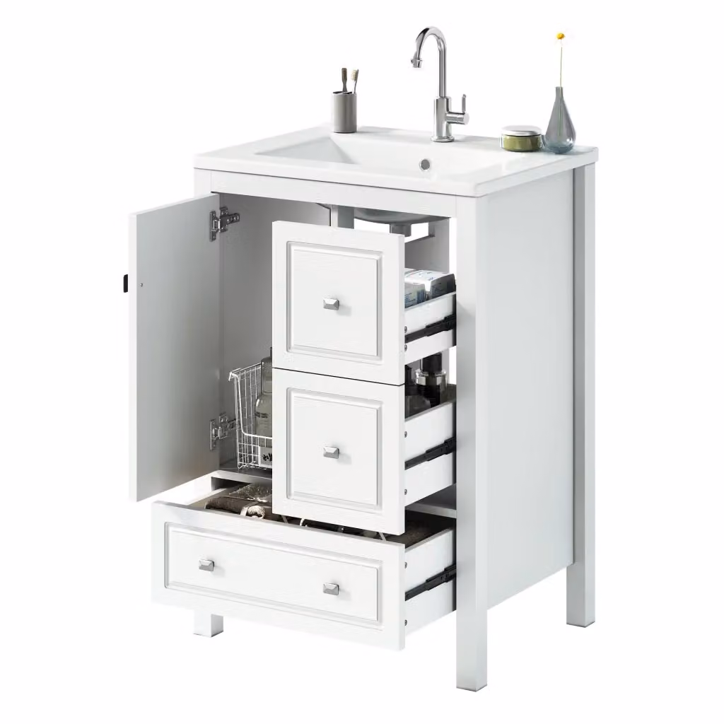 Mobile sottolavabo da bagno Minimal bianco laccato con ante soft-close e cassetti interni L: 62 cm, P: 47 cm, H: 90 cm – 2