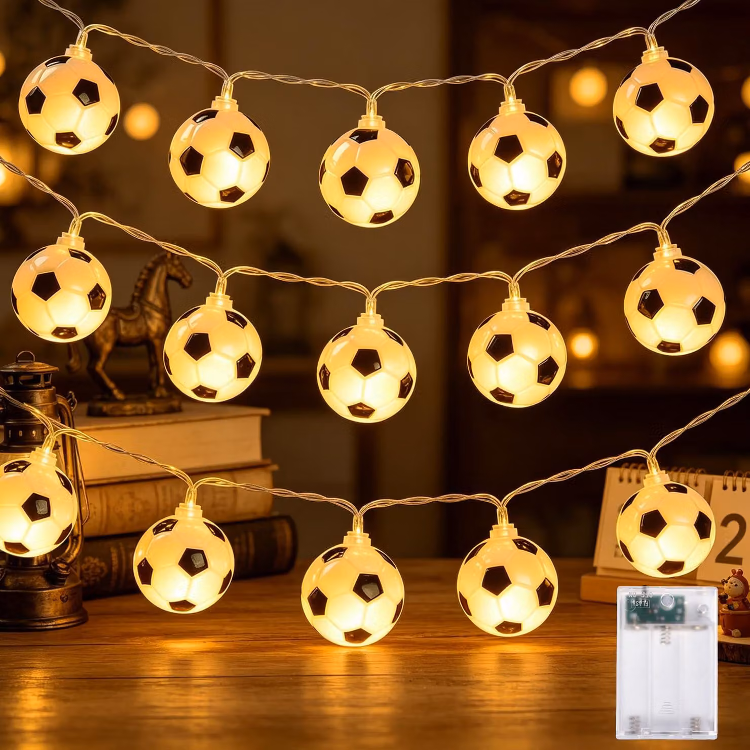 Catena luminosa a forma di pallone da calcio, lunghezza 3 metri, 20 LED, luce bianco caldo, alimentazione a batteria