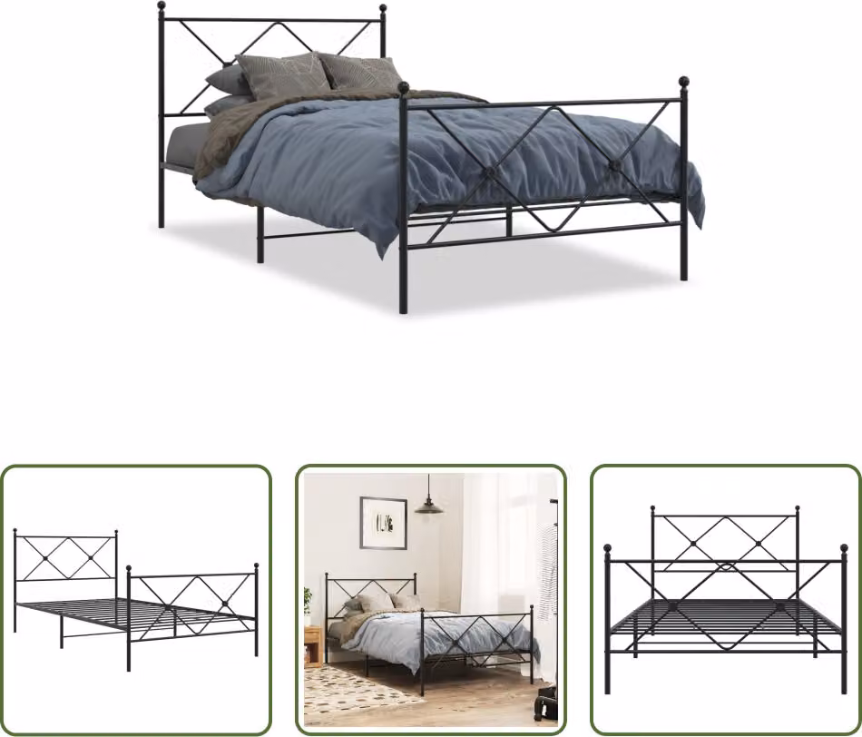 The Living Store Struttura letto con testiera e pediera in metallo nero 100x200 cm