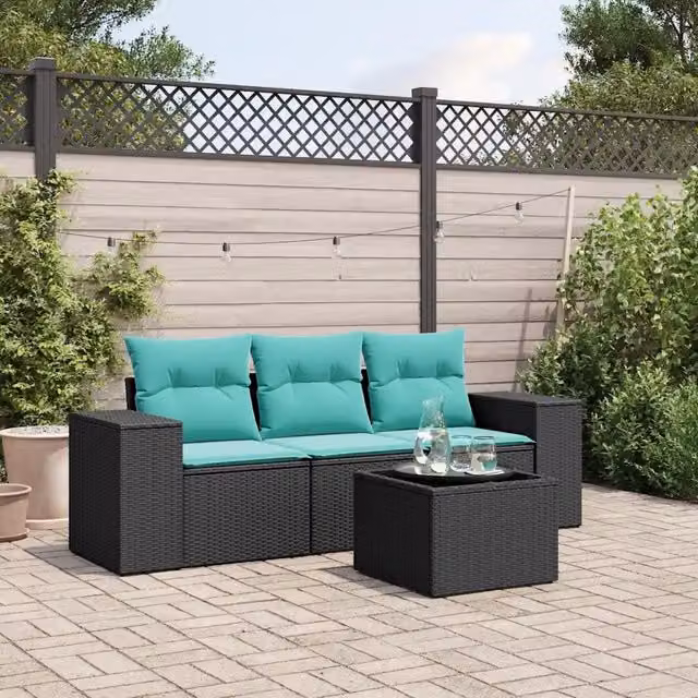 Salotto da Giardino-Set Divani da Giardino 4 pz con Cuscini Nero in Polyrattan 569308