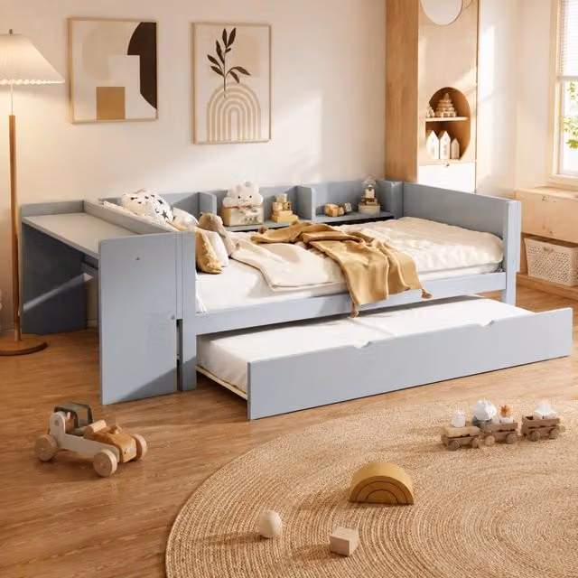 Letto singolo elevato per bambini con letto estraibile, scrivania e 3 ripiani laterali, grigio, L/P/H: 90 x 200 cm