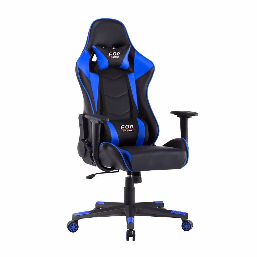 Sedia da gaming CASA VITAL con poggiatesta e braccioli, rivestimento in ecopelle a righe nera e blu, girevole, H: 120 cm, L: 70 cm, P: 55 cm – 2