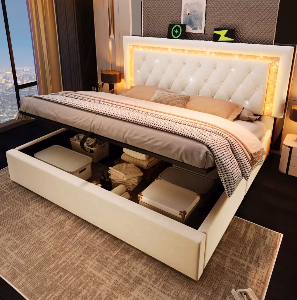 Letto matrimoniale MODFU in velluto beige con contenitore idraulico, illuminazione LED e porte USB/USB-C, L/P: 160 x 200 cm – 2