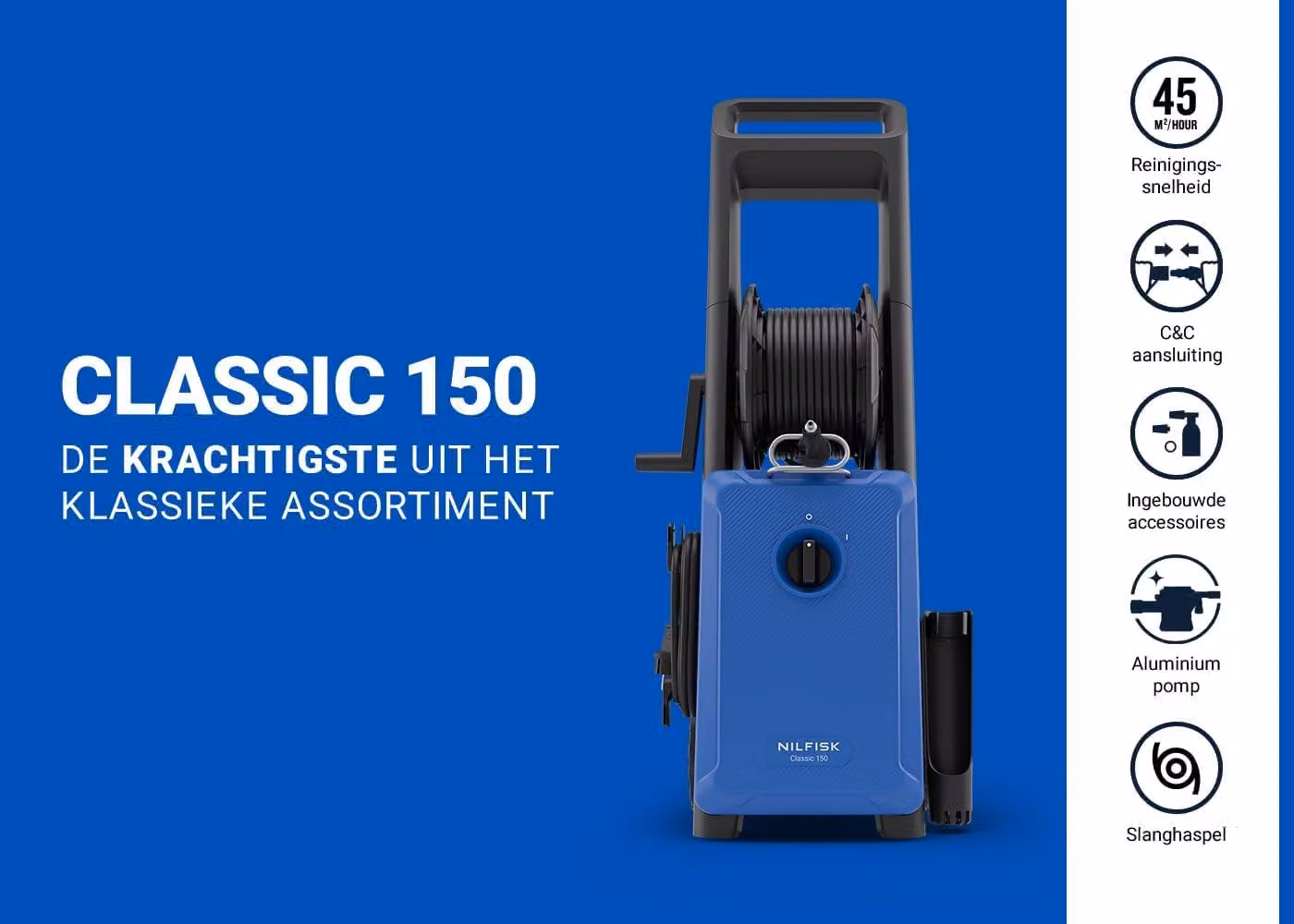 Idropulitrice da 150 bar con una potenza di 2200 watt, dotata di un tubo flessibile da 8 metri e di diverse lance