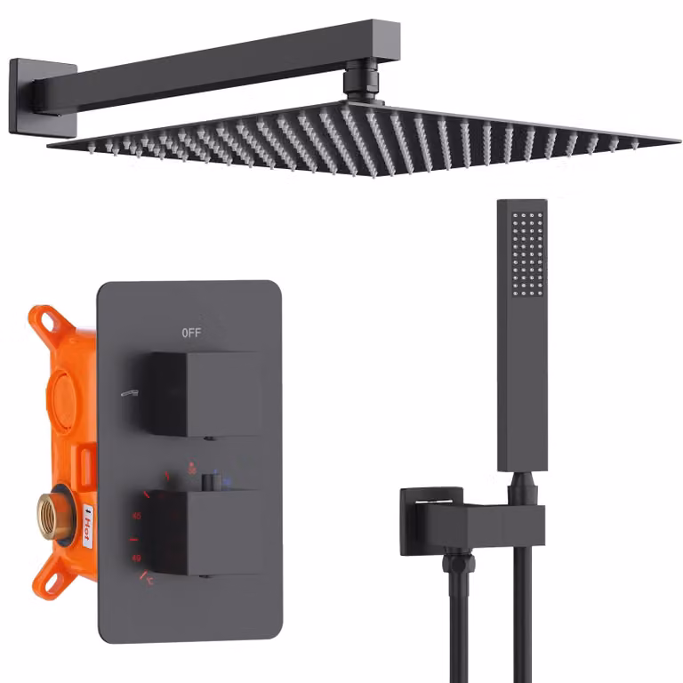 Sistema doccia da incasso con termostato, soffione a pioggia da 30 cm, quadrato, colore nero