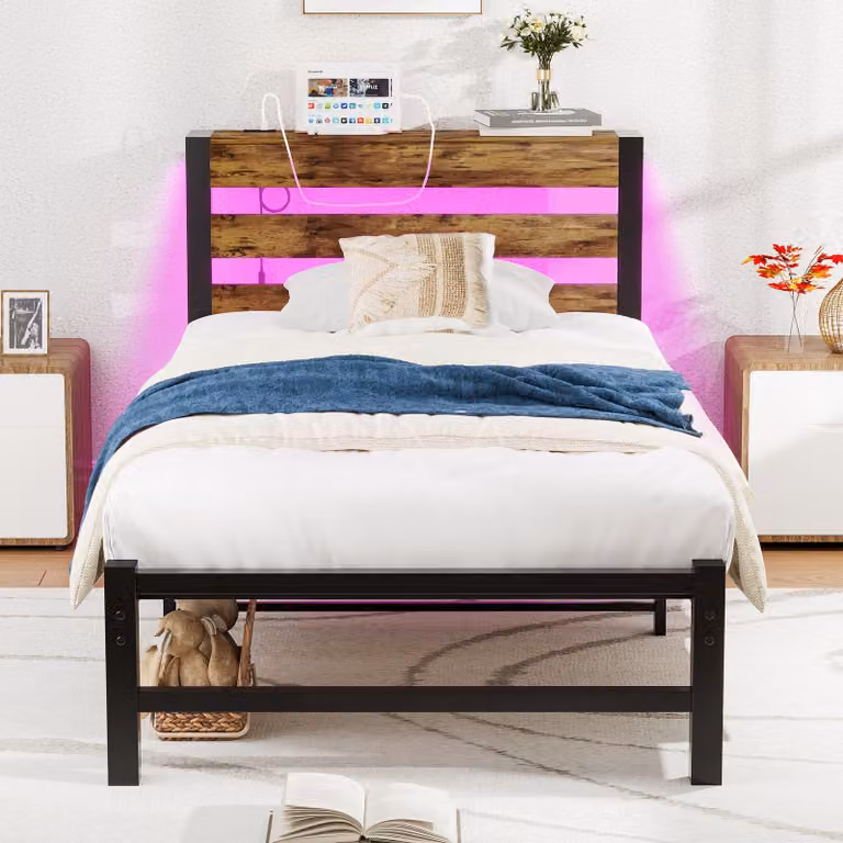 Struttura letto singola con illuminazione a LED e stazione di ricarica USB, dimensioni 90x200 cm, in metallo