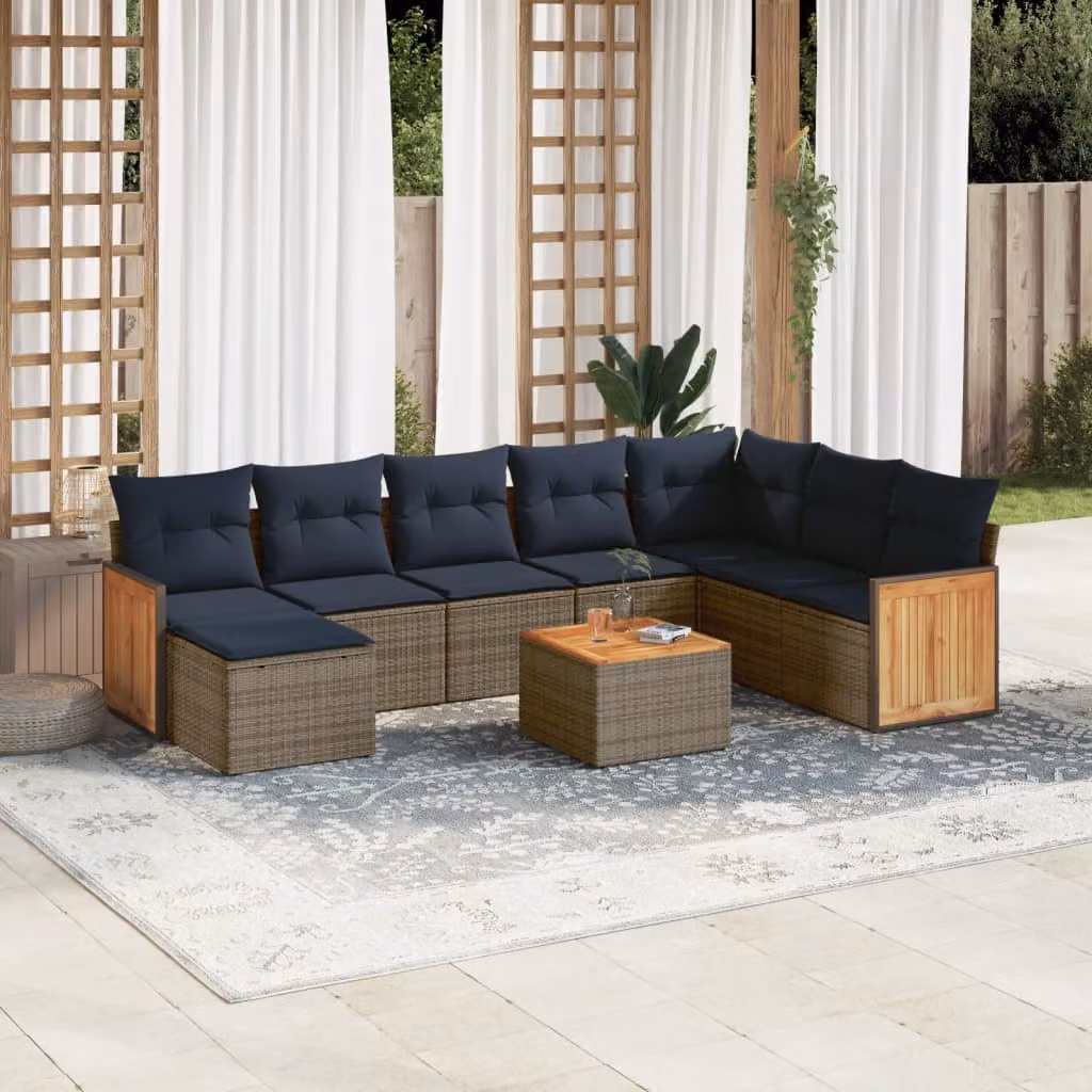 Set di divani da giardino vidaXL in polyrattan 9 pezzi con cuscini grigi e blu, design moderno a L con tavolino e pouf