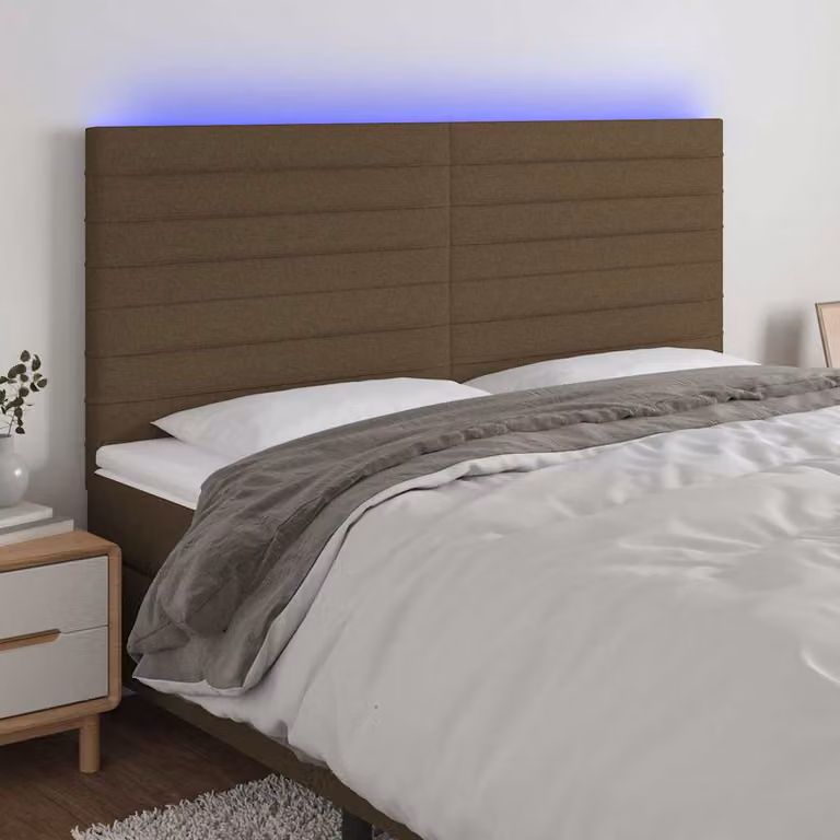 Testiera per letto vidaXL moderna in tessuto marrone con illuminazione LED e porta di ricarica USB, L: 200 cm, P: 5 cm, H: 118/128 cm