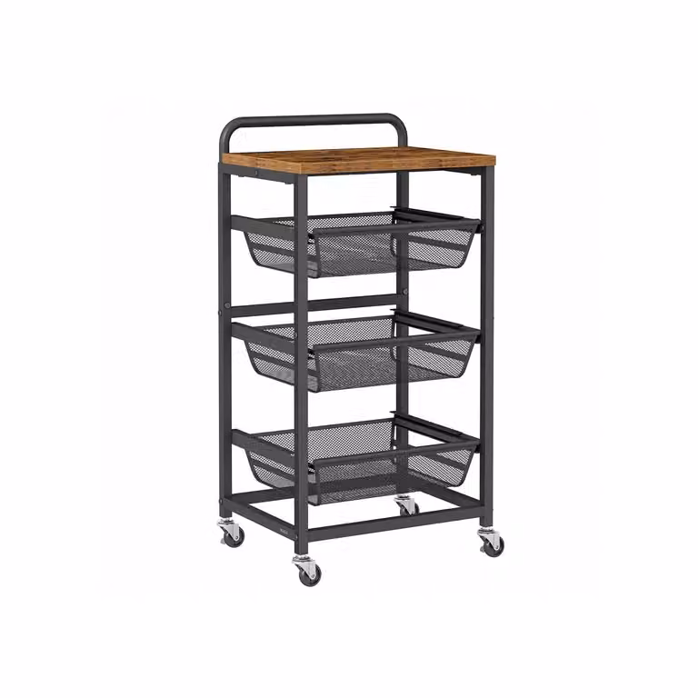 Carrello da cucina con ripiani multipli cesti scorrevoli e rotelle, Marrone Vintage + Nero Inchiostro / 4 Ripiani