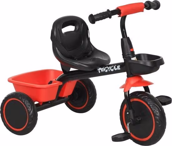 Triciclo per bambini con sedile regolabile e cintura di sicurezza in metallo e plastica, colore nero e rosso