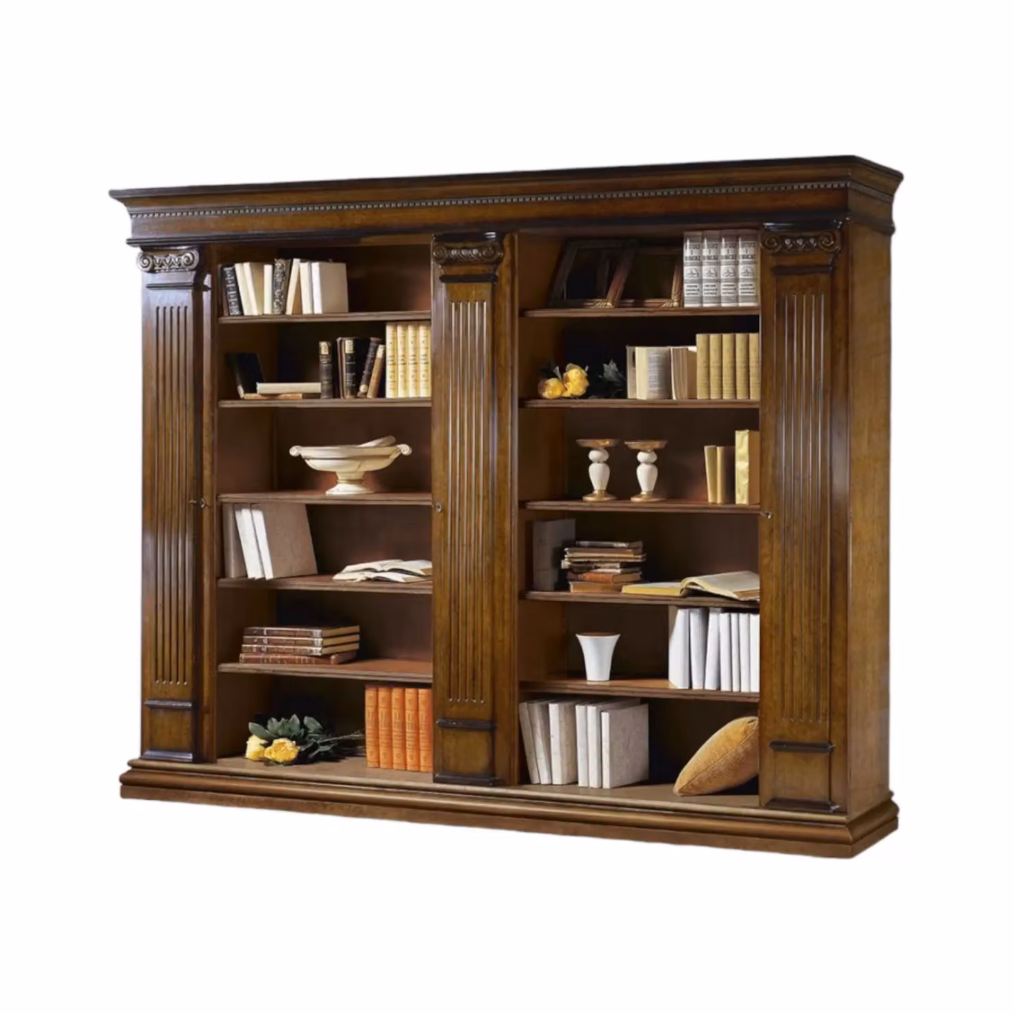 Libreria classica in legno di faggio color marrone con 3 porte e 22 ripiani Mobili 2G L: 306 cm, P: 52 cm, H: 240 cm – 3