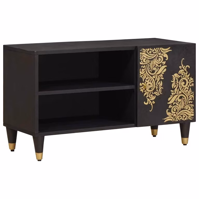 Carrello TV mobile vidaXL in legno di mango massiccio e metallo, Nero e Marrone, L 80 cm x P 33 cm x H 46 cm
