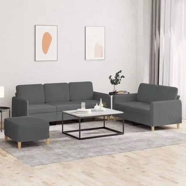 Set di divani moderno vidaXL in tessuto grigio composto da divano a 3 posti, divano a 2 posti e pouf con cuscini inclusi – 1