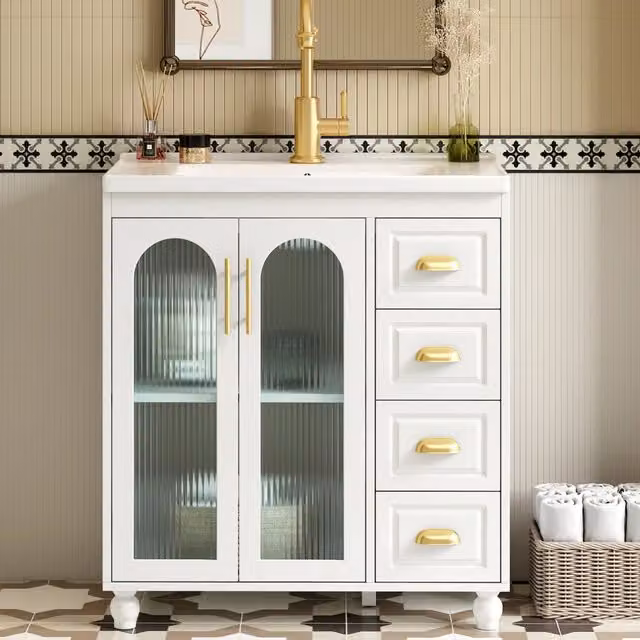 Mobile bagno 80 cm con lavabo in ceramica; mobiletto bagno bianco in MDF con ante e cassetti