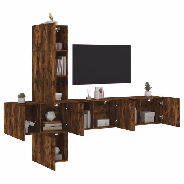 Mobili TV a Muro 5pz Rovere Fumo in Legno Multistrato 3216461