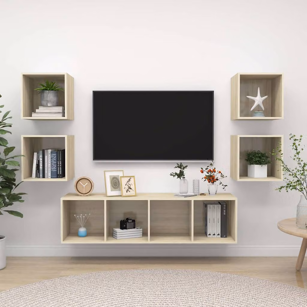 Set Mobili TV Moderno vidaXL in Legno Multistrato Rovere, 5 Pezzi, Marrone e Beige