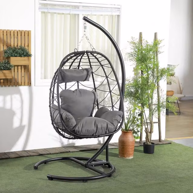 Poltrona sospesa ULEVR da giardino pieghevole 102x102x195 cm, rattan PE nero, cuscini e copertura impermeabile