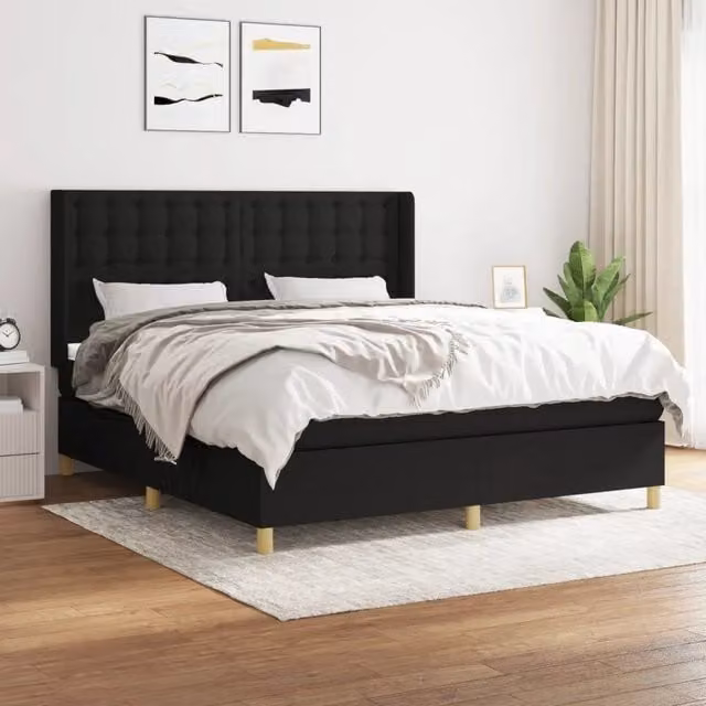 Letto Ibrido vidaXL con Giroletto a Molle e Materasso in Tessuto Nero e Bianco L/P: 160 x 200 cm